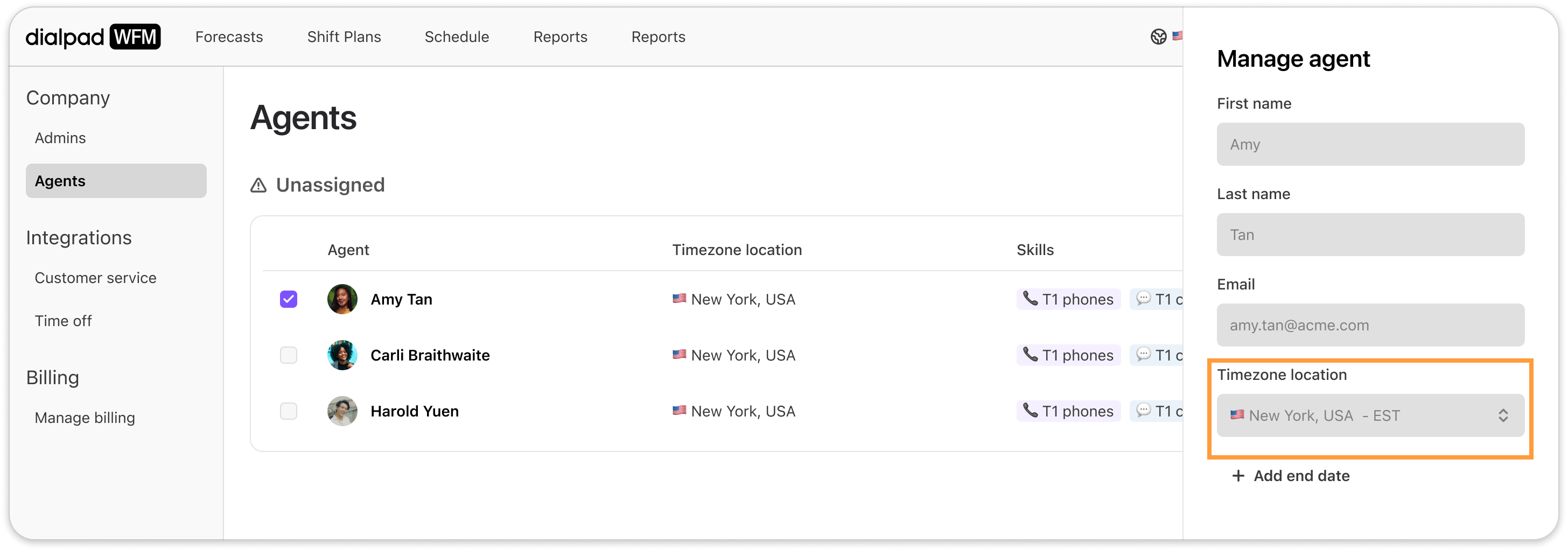 Manage agents section displaying timezone location and agent details in Dialpad WFM interface.